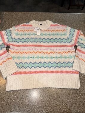 New American Eagle Cream Fair Isle Crewneck Sweater with Pastel Stripes